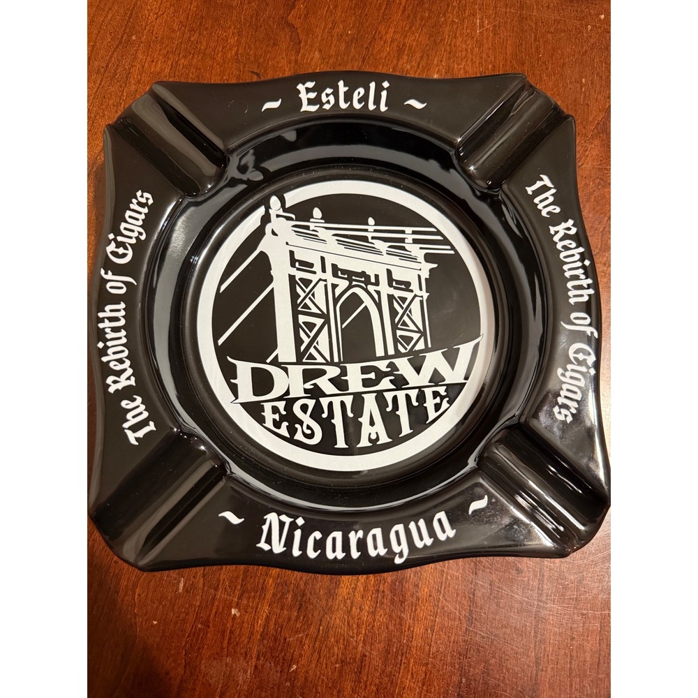 Drew Estate Ceramic Cigar Ashtray Black White Rebirth of Cigars Nicaragua Logo